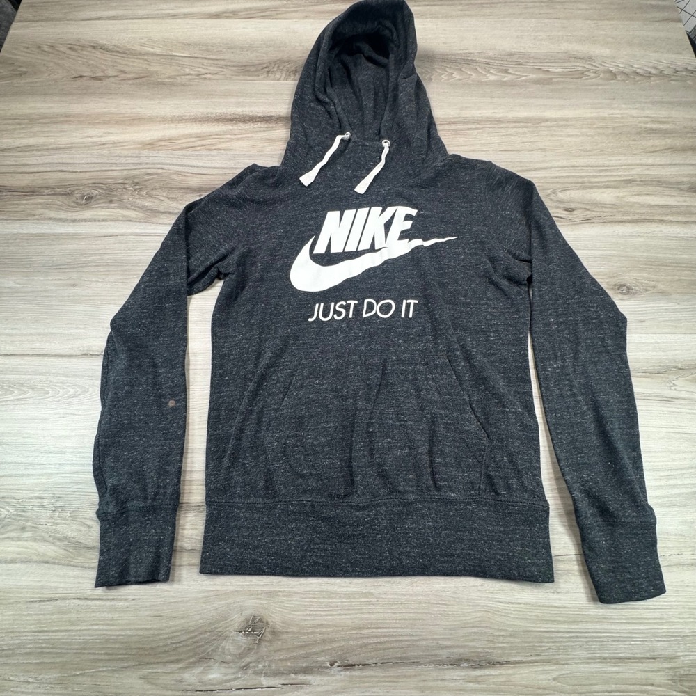 Nike Womens Charcoal Grey Hoodie Sweatshirt Just Do It Logo Pullover size Medium